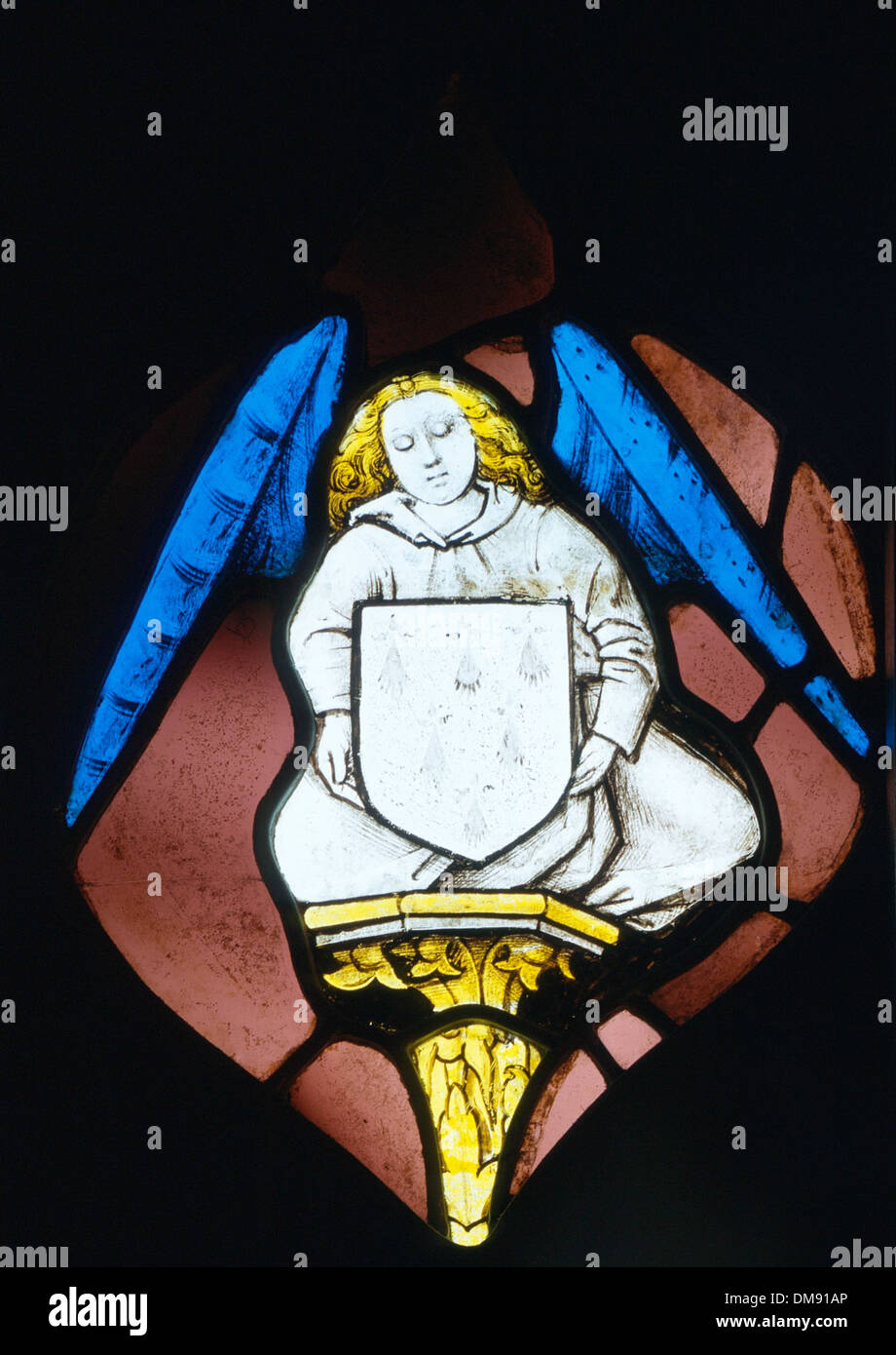 Questa complessa opera d'arte, intitolata "Tracery Light Angel with Arms of Anne of Brittany", fonde stili artistici medievali e rinascimentali, incorporando sia il simbolismo angelico che araldico. Trae ispirazione dall'immaginario religioso e reale, riflettendo la devozione e l'arte dell'epoca. Foto Stock
