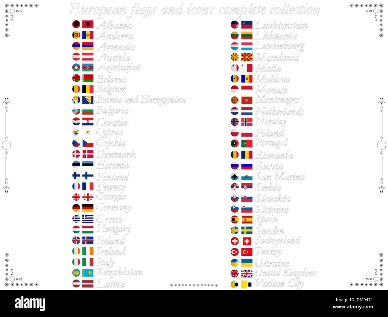 Bandiere europee e la raccolta di icone Illustrazione Vettoriale