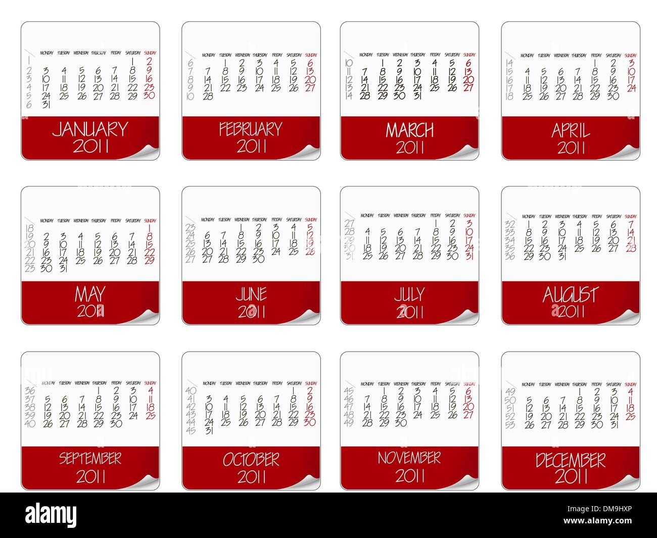 Rosso e bianco calendario carta 2011 Illustrazione Vettoriale