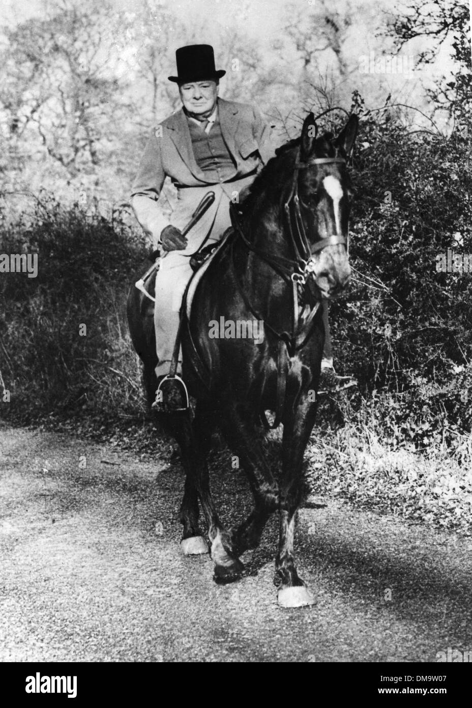 Nov. 28, 1960 - Londra, Inghilterra, Regno Unito - SIR WINSTON CHURCHILL (1874-1965) fu un uomo politico britannico e statista che ha servito come Primo Ministro del Regno Unito. Nella foto: Churchill in sella al suo cavallo. (Credito Immagine: © Keystone Pictures USA) Foto Stock