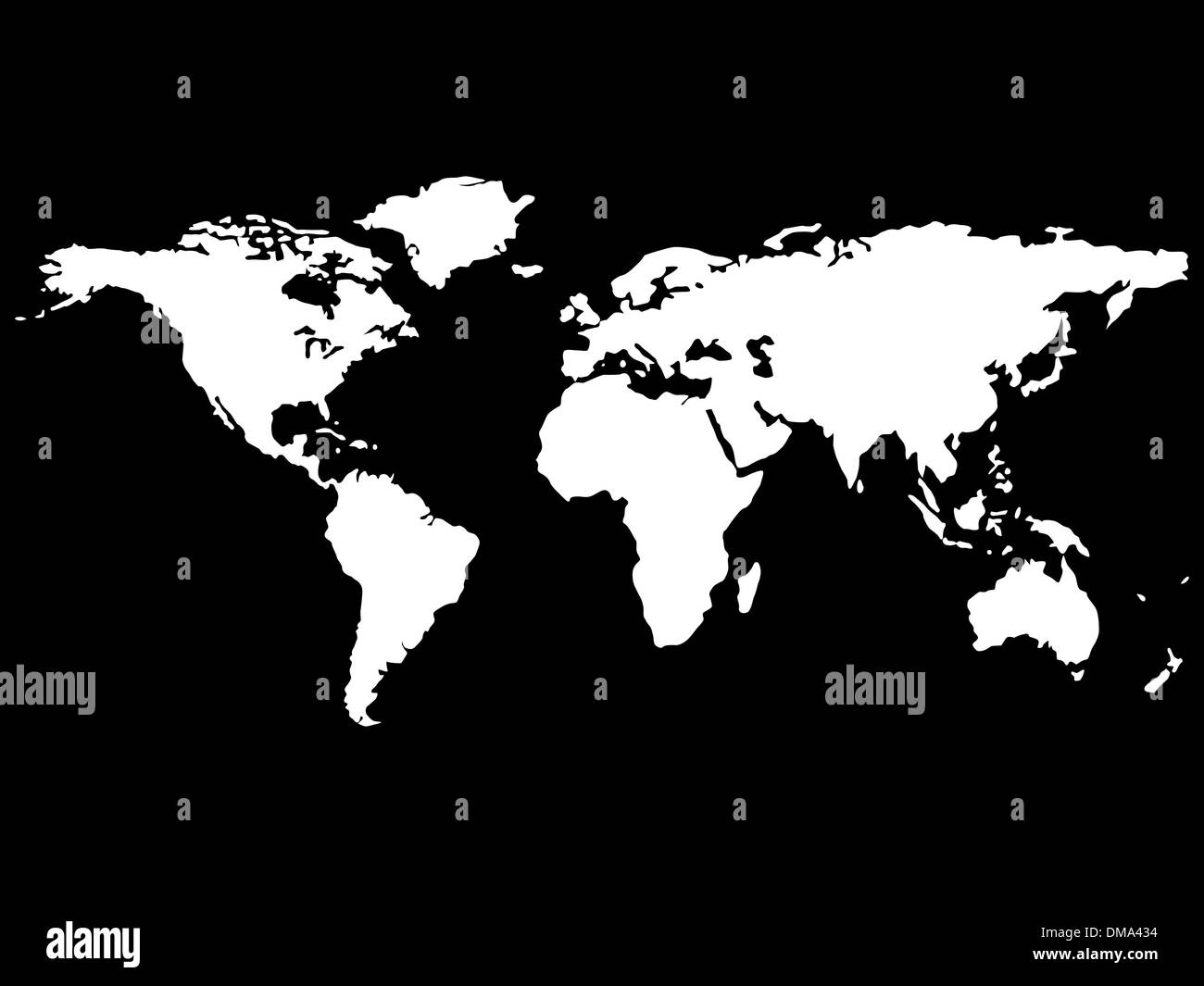 White mappa Mondo isolato su sfondo nero Illustrazione Vettoriale