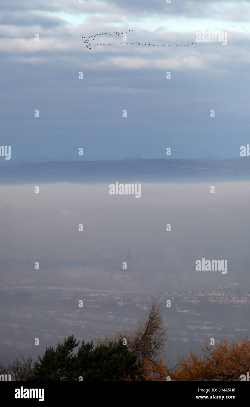 Una vista di Glasgow è avvolta nella nebbia di congelamento da Caithkin Braes sopra la città. Il 25 novembre 2013. Nebbia autunnale meteo. Foto Stock