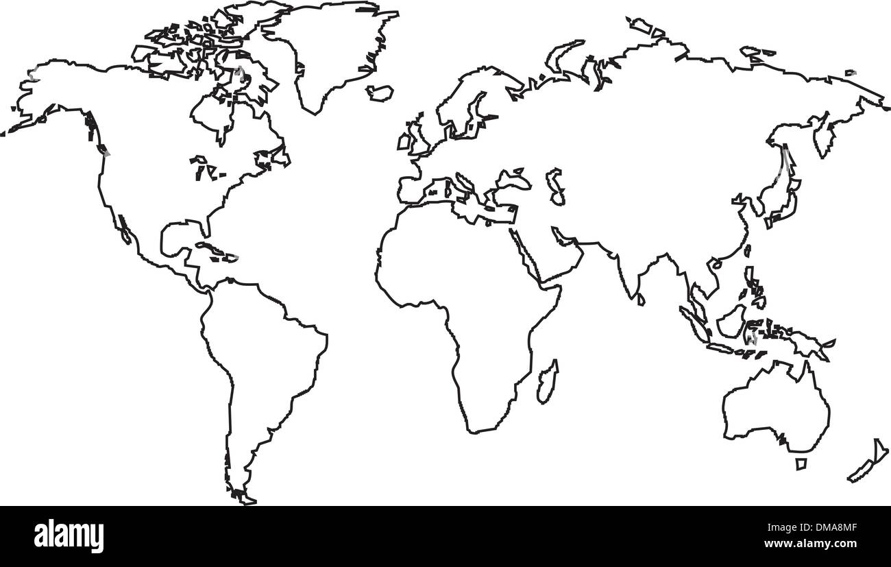 Mappa mondo delinea. Il vettore immagine in bianco e nero. Illustrazione Vettoriale