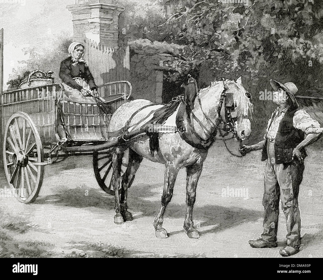 Famiglia contadina con un carro. Incisione di Huyot, 1880. Foto Stock
