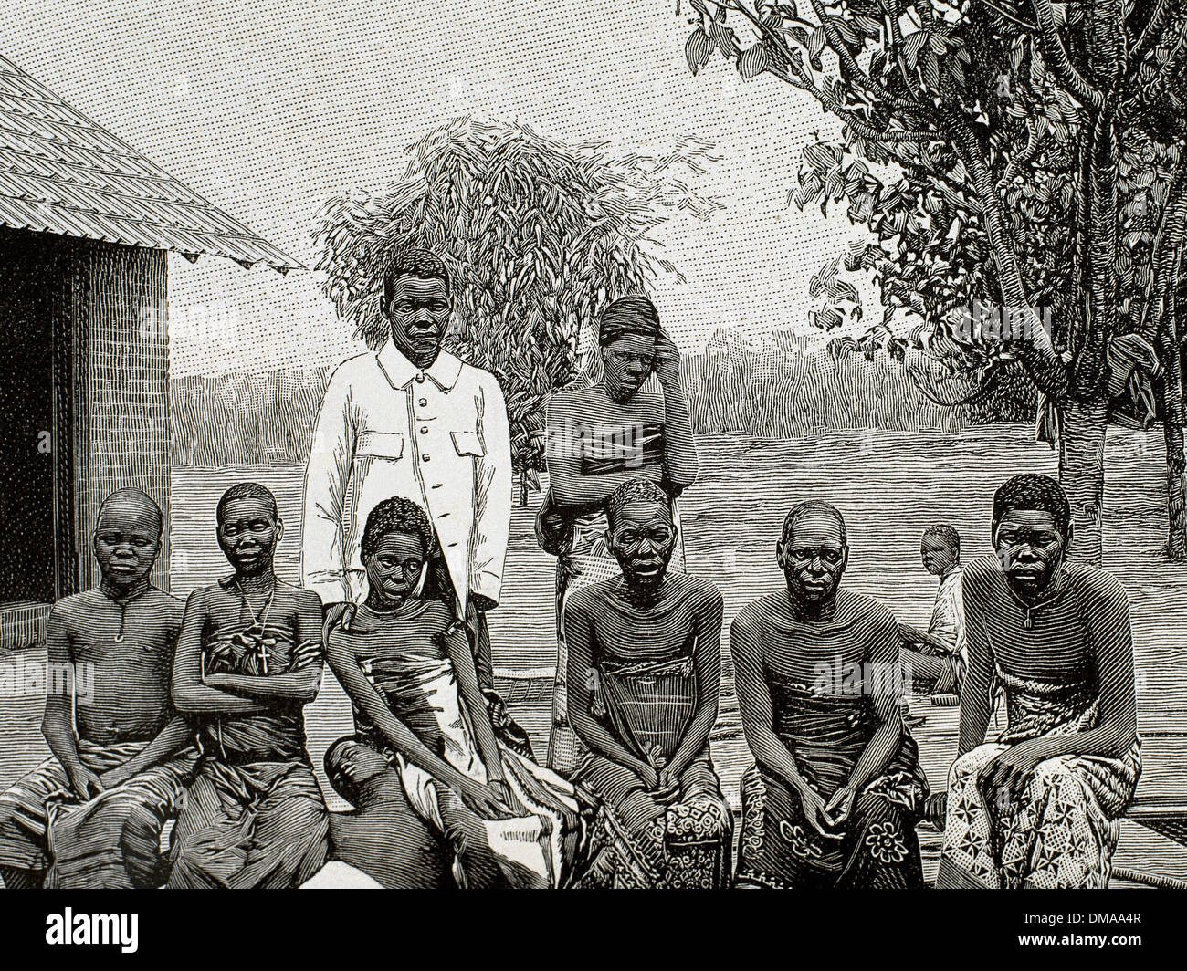 L'Africa. Nativo di colpiti dalla malattia del sonno. Incisione di Thiriat, 1903. Foto Stock
