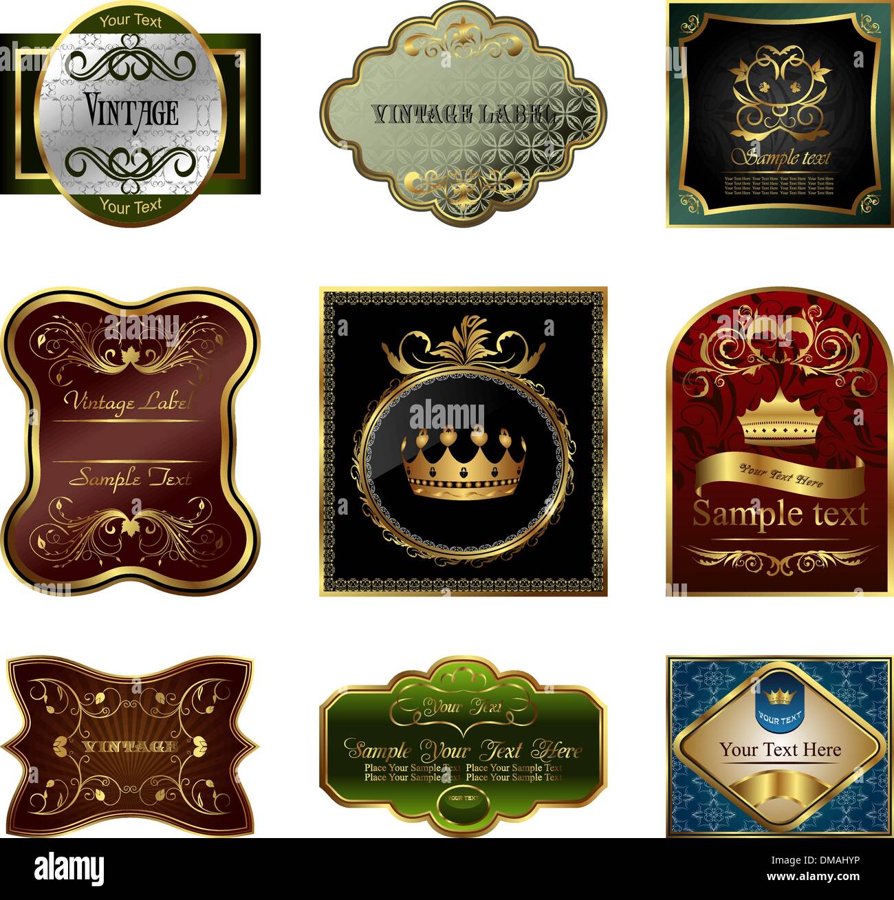Imposta Illustrazione decorativo di colore oro telai di etichette Illustrazione Vettoriale