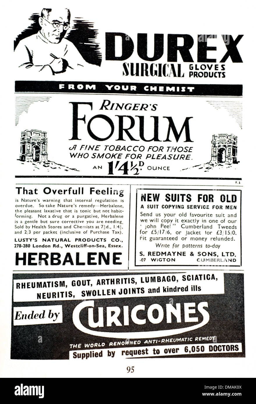 Vintage vecchio annuncio Forum Durex Herbalene tabacco storico documento di archiviazione Foto Stock