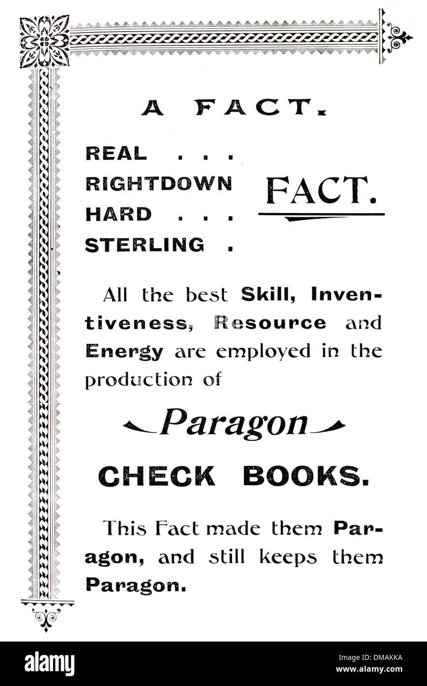 Vecchio annuncio Paragon verificare Libri Archivio storico documento Foto Stock