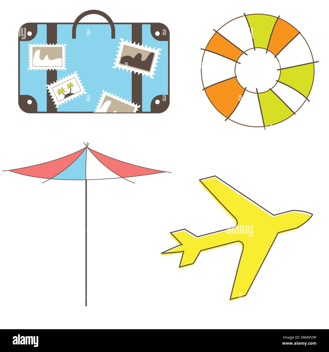 Vacanze e viaggi clip-art set isolato su bianco Illustrazione Vettoriale