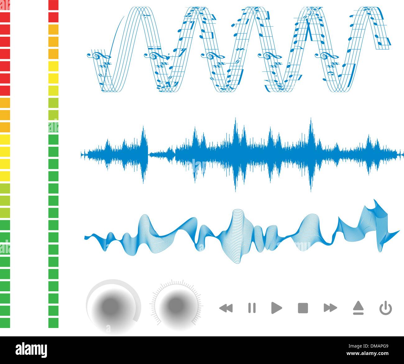 Note, i pulsanti e le onde sonore. Illustrazione Vettoriale