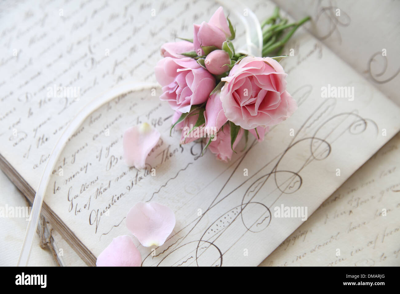 Pagina dalla cartella di lavoro di anonimo studente da molto tempo fa con Rose in miniatura Foto Stock