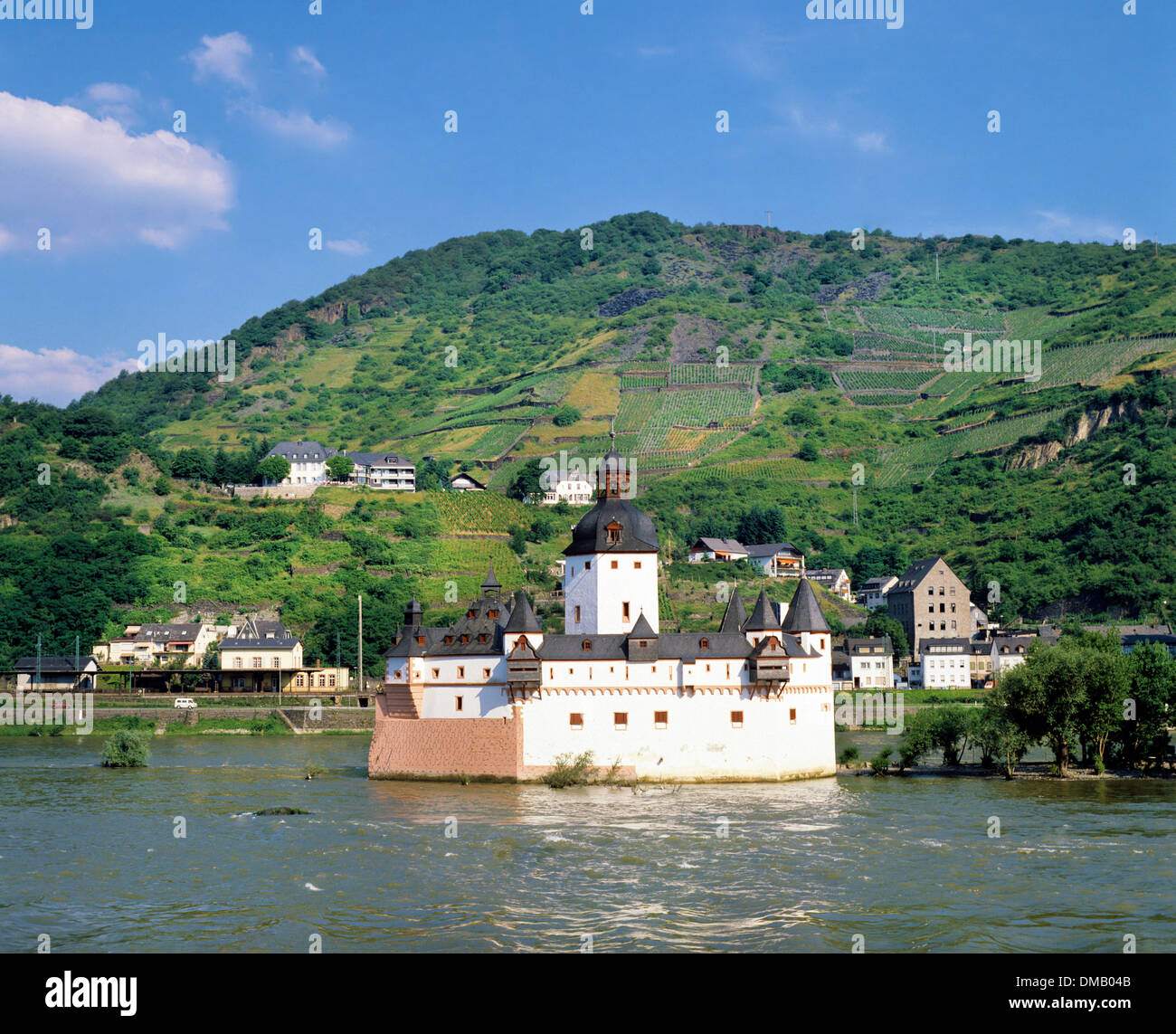 Il castello Pfalzgrafenstein sull isola Falkenau mostra il fiume Reno in primo piano, Renania-Palatinato, Germania Foto Stock