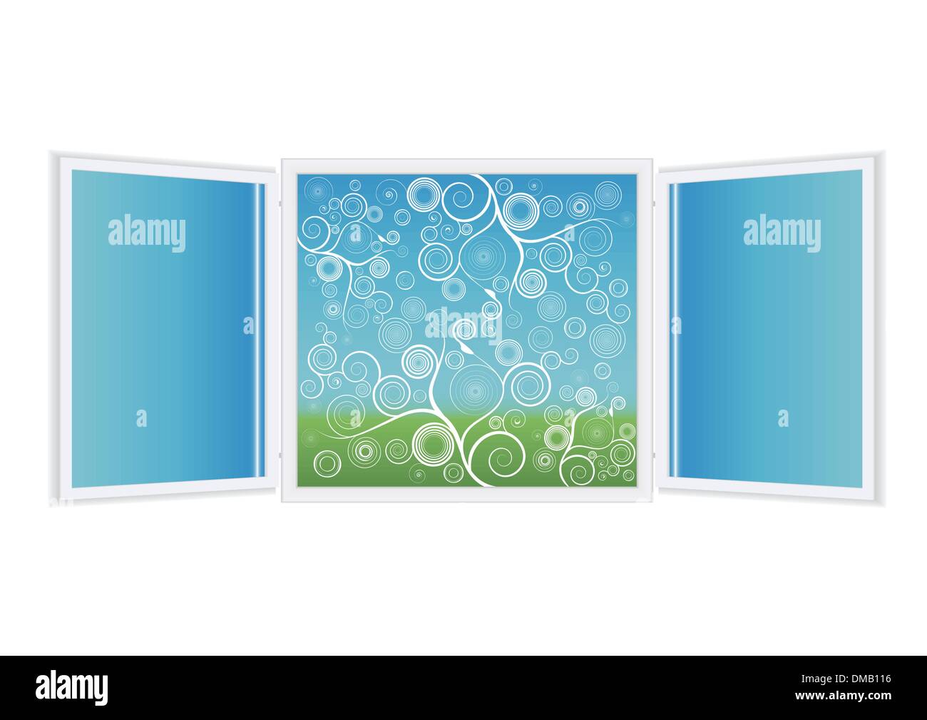 Aprire la finestra illustrazione con scenic coperte con motivi floreali a spirale Illustrazione Vettoriale