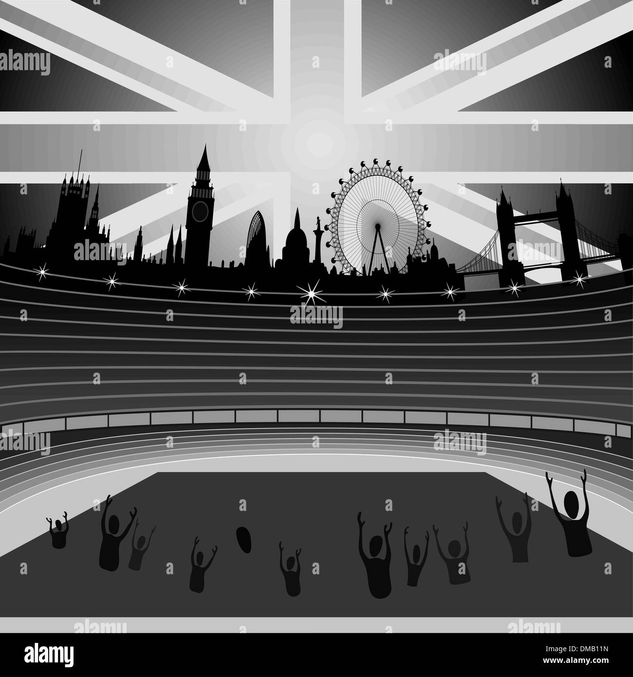 Lo stadio con ventole e dello skyline di Londra Illustrazione Vettoriale