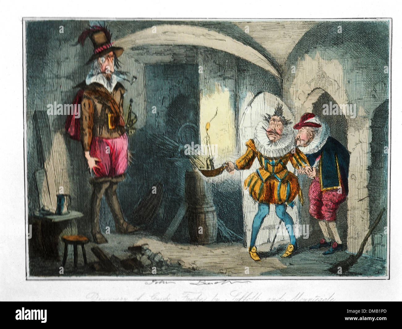 Scoperta di Guido Fawkes da Suffolk & Mounteagle, fumetti storia dell'Inghilterra, attacco a colori da John Leech, 1850 Foto Stock