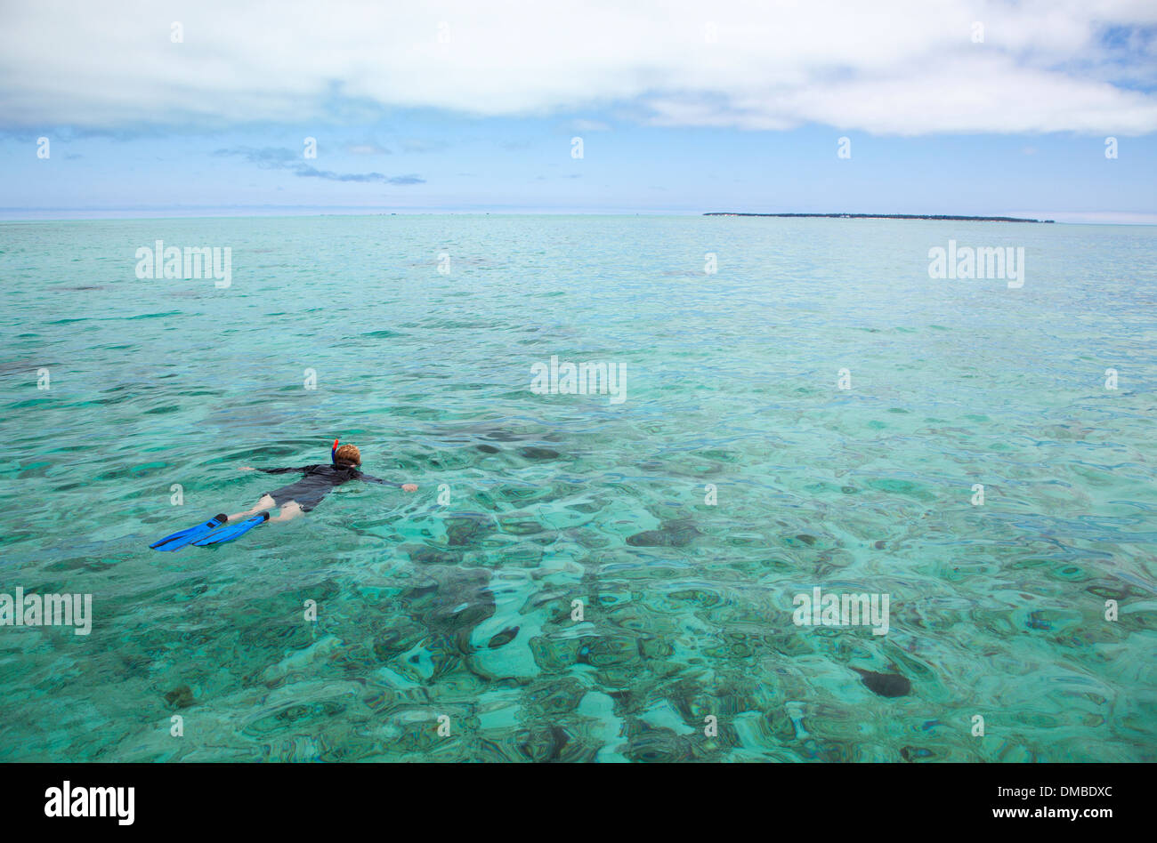 Donna che fa snorkeling nelle acque turchesi della laguna con l'isola in lontananza, Papahanaumokuakea Marine National Monument, oceano Pacifico Foto Stock