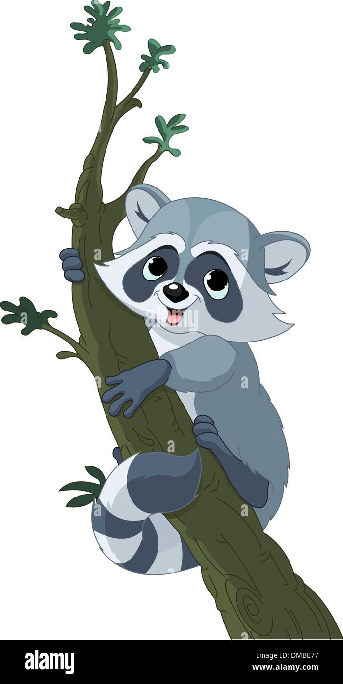 Funny cartoon raccoon sulla struttura ad albero Illustrazione Vettoriale