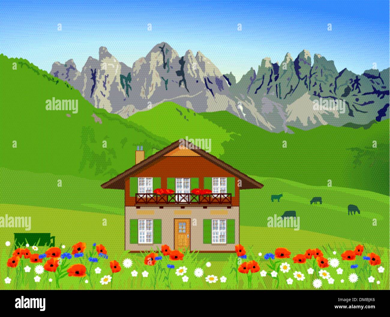 Casa di fronte montagne sullo sfondo Illustrazione Vettoriale