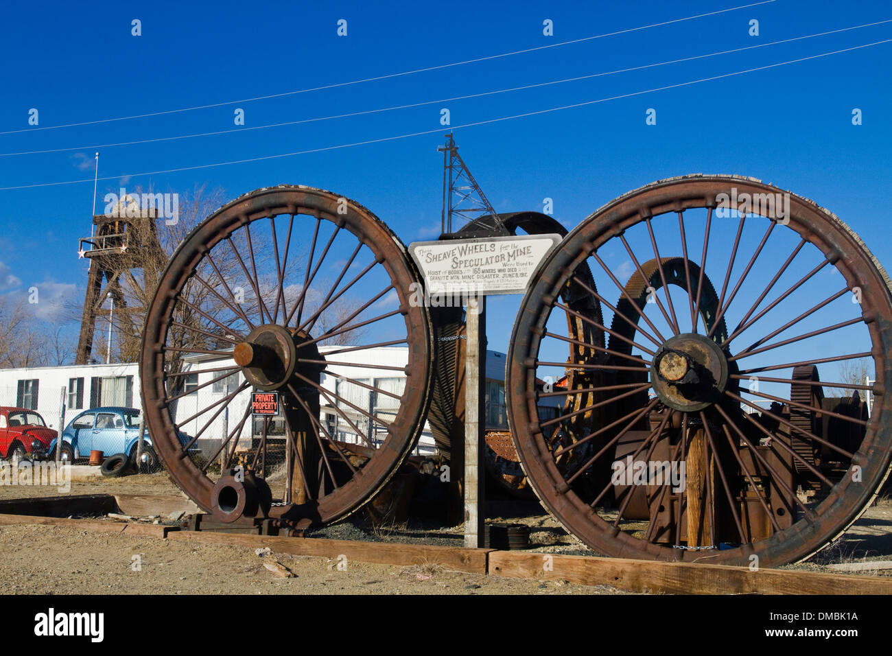 Le ruote della puleggia scanalata catastrofe mineraria speculatore miniera Foto Stock