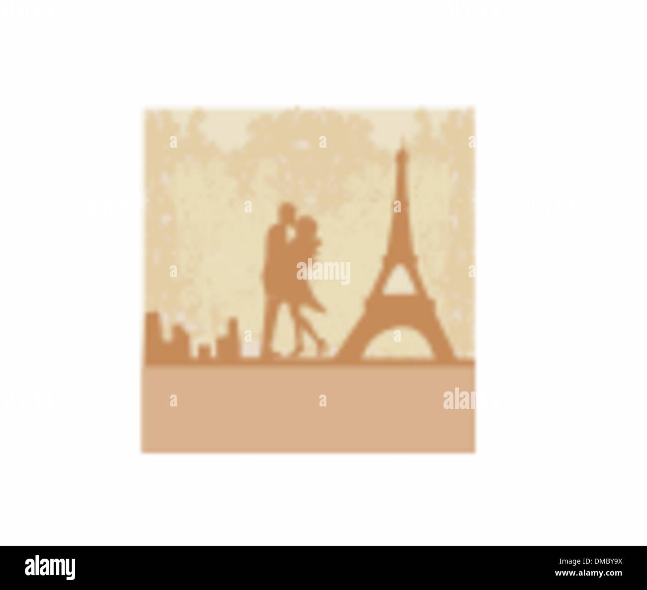 Coppia romantica a Parigi kissing vicino alla Torre Eiffel. Scheda retrò. Illustrazione Vettoriale