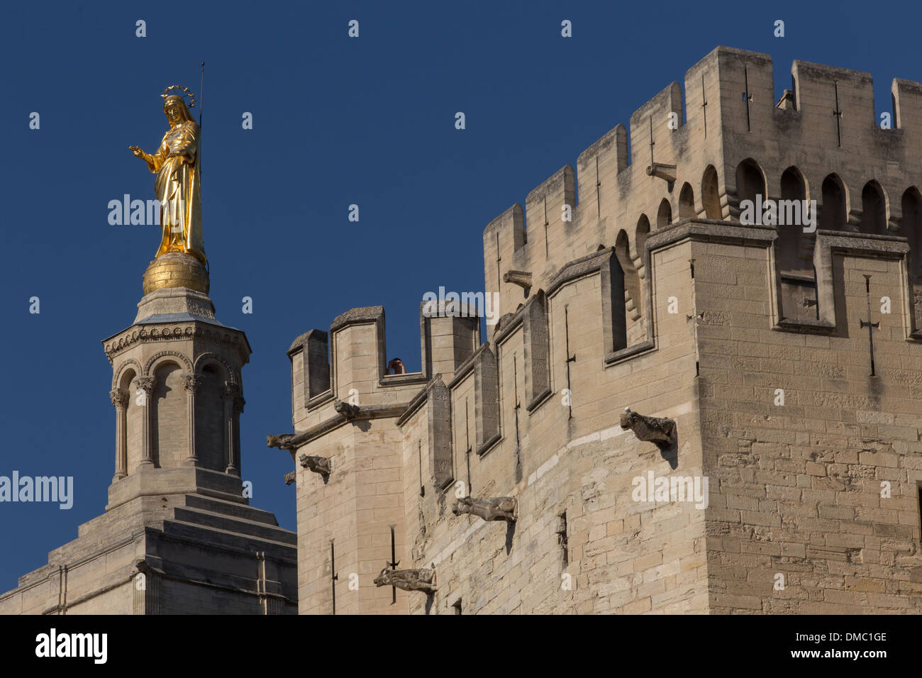 Il Palazzo dei Papi, la più grande costruzione gotica del mondo, la sede del cristianesimo occidentale nel XIV secolo e la statua della Vergine Maria in filo dorato che sormontano il campanile della cattedrale di Notre Dame des Doms, capolavoro di stile provenzale R Foto Stock