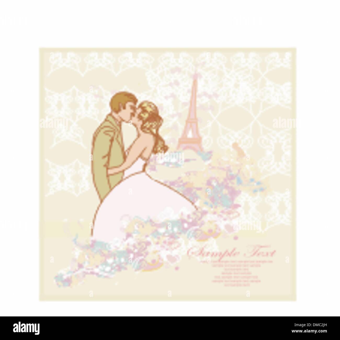 Coppie in viaggio di nozze a Parigi kissing vicino alla Torre Eiffel Illustrazione Vettoriale