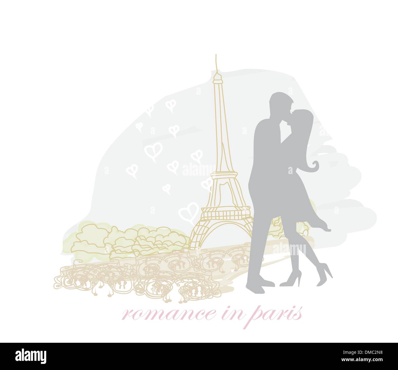 Coppia romantica a Parigi kissing vicino alla Torre Eiffel scheda rétro Illustrazione Vettoriale