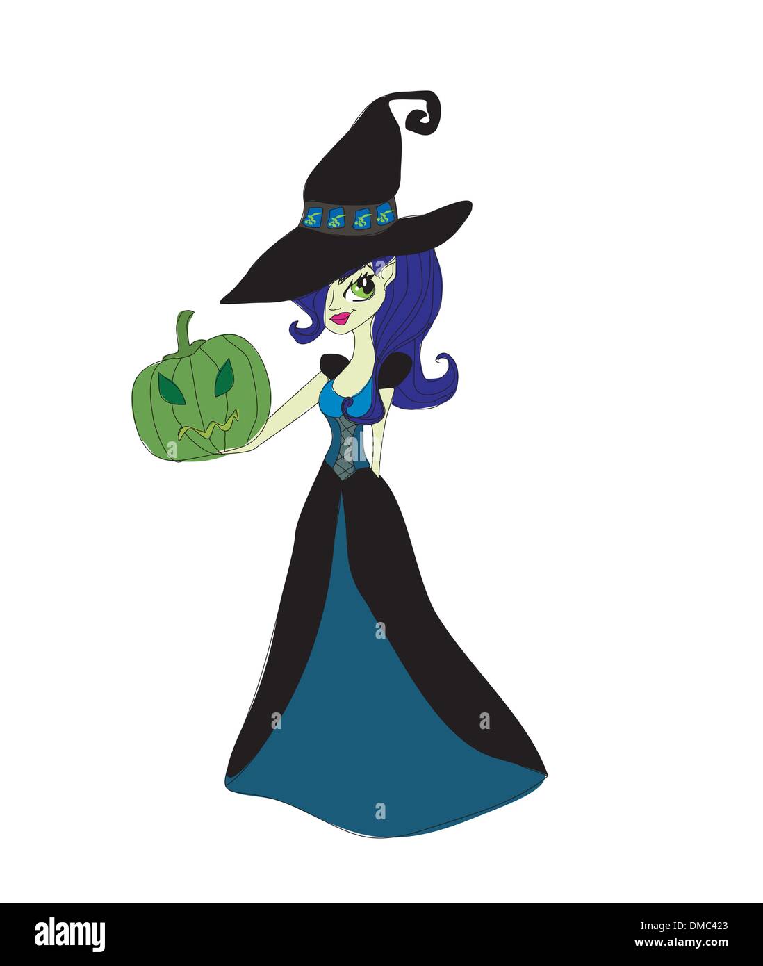 Halloween strega in piedi con zucche Illustrazione Vettoriale