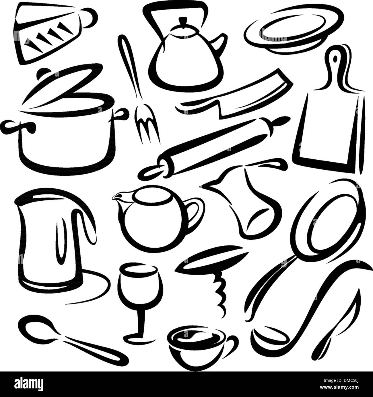 Grande set di utensili per la cucina, il vettore schizzo in semplici linee nere Illustrazione Vettoriale