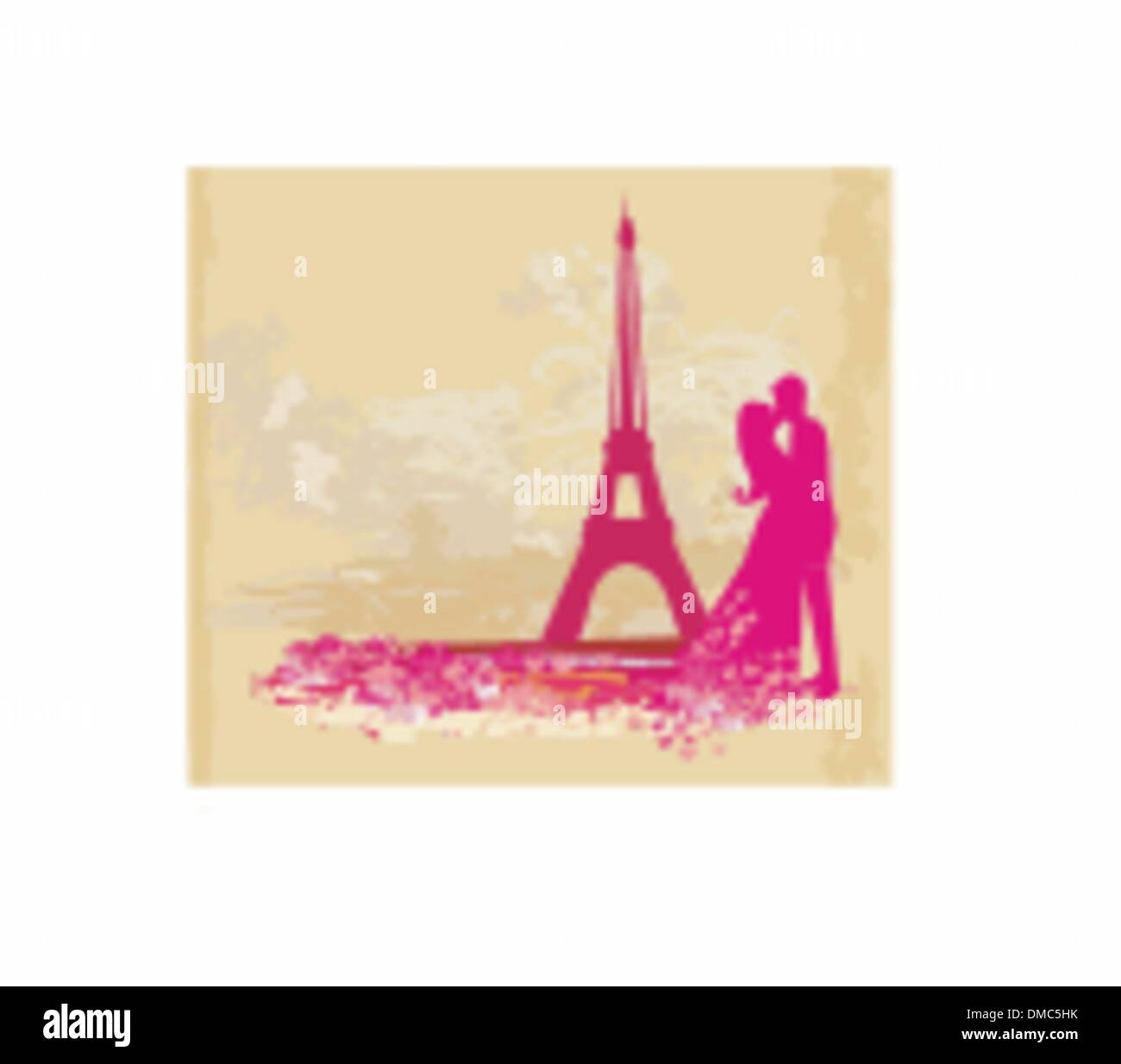 Coppia romantica a Parigi kissing vicino alla Torre Eiffel. Scheda retrò. Illustrazione Vettoriale