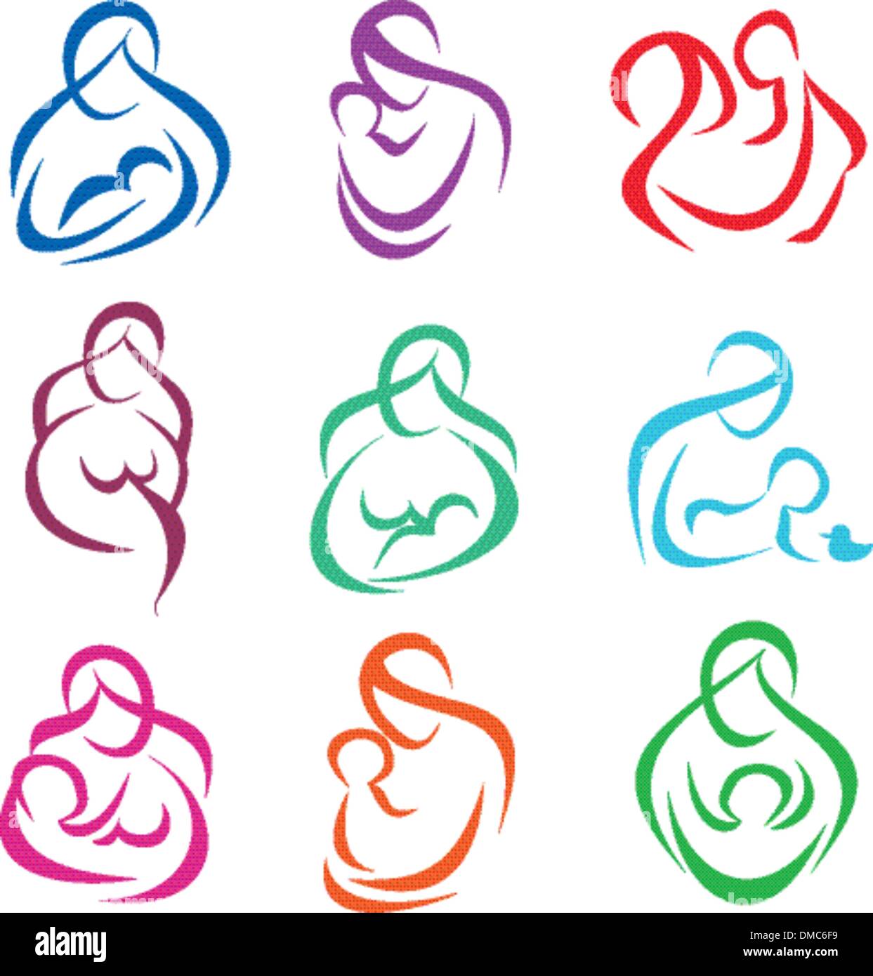 La madre e il bambino set di simboli, la gravidanza, la genitorialità concept Illustrazione Vettoriale