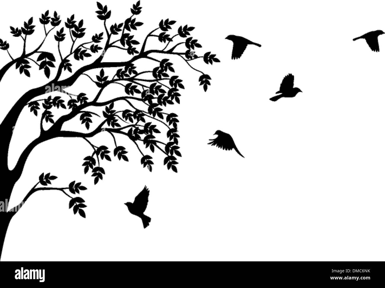 Albero con silhouette di volo degli uccelli Illustrazione Vettoriale