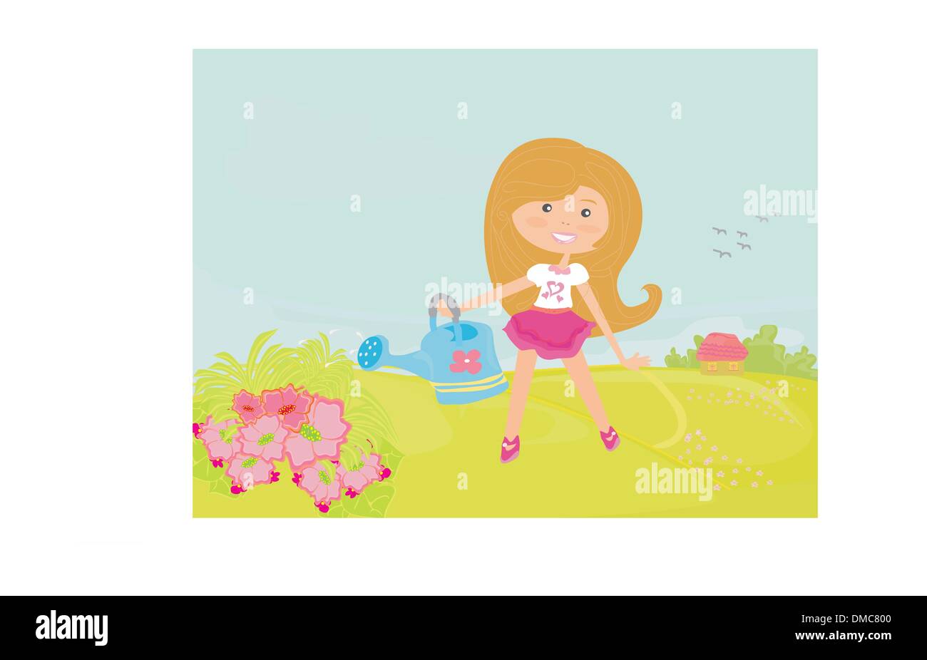 Bambina abbeveraggio i fiori nel giardino della famiglia in un giorno di estate Illustrazione Vettoriale