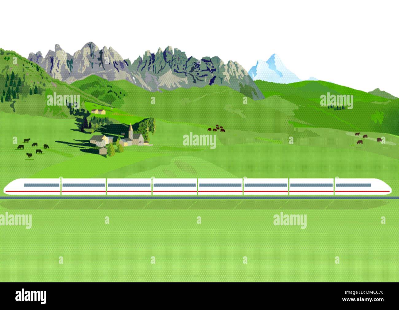 Treno Express in un paesaggio di montagna Illustrazione Vettoriale