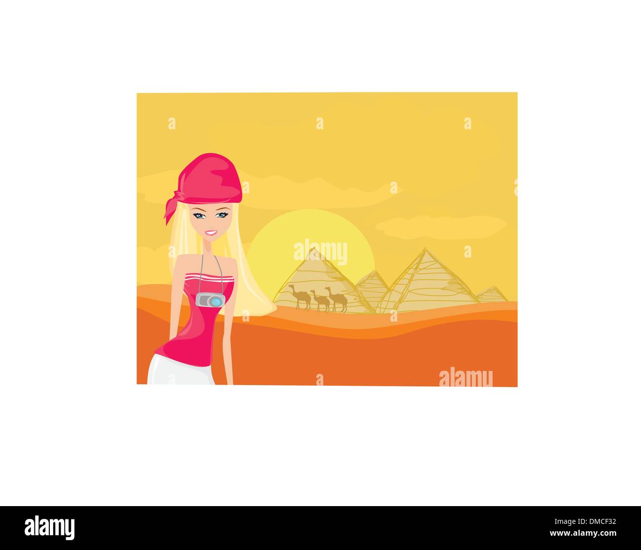 Donne sullo sfondo le piramidi di Giza costruite per il faraone. Illustrazione Vettoriale