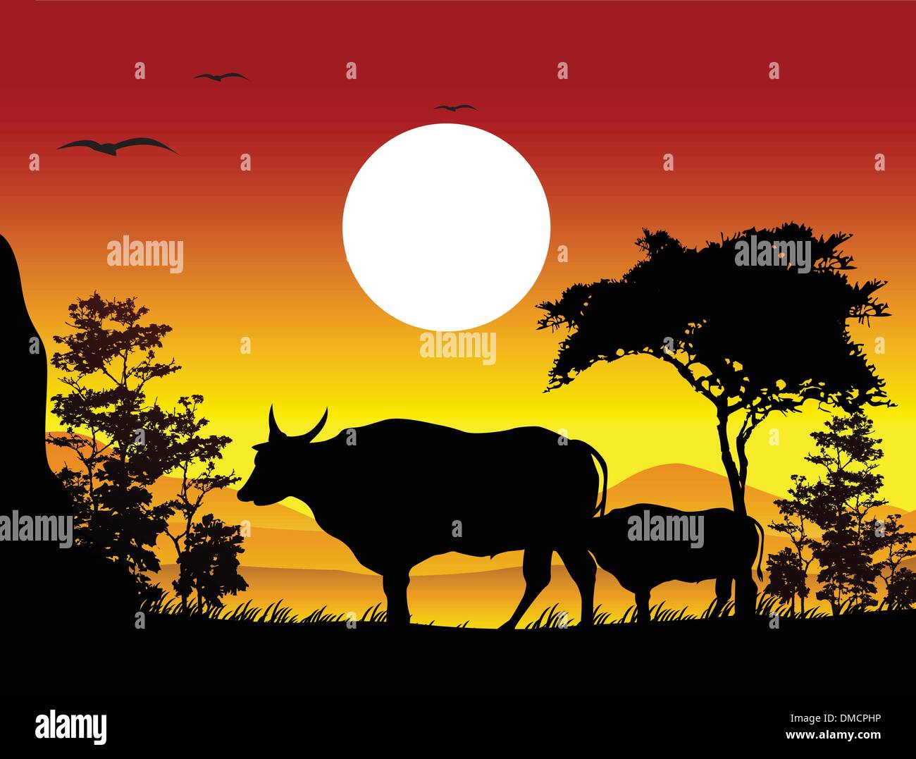 Sagome di vacca con lo sfondo del paesaggio Illustrazione Vettoriale
