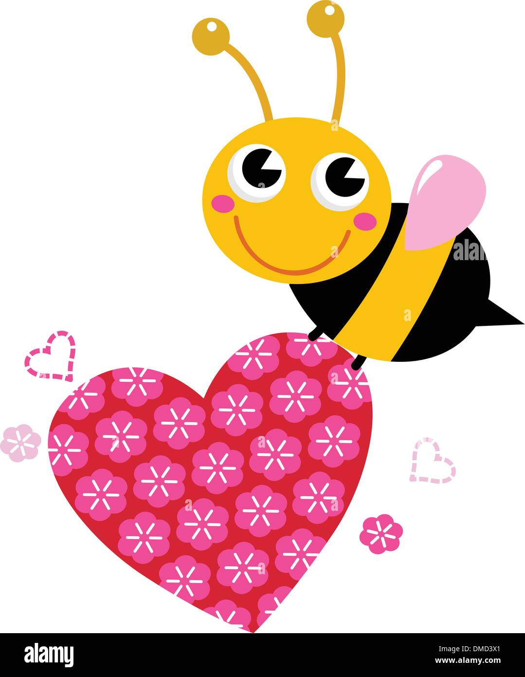 Carino battenti bee con amore rosa cuore isolato su bianco Illustrazione Vettoriale