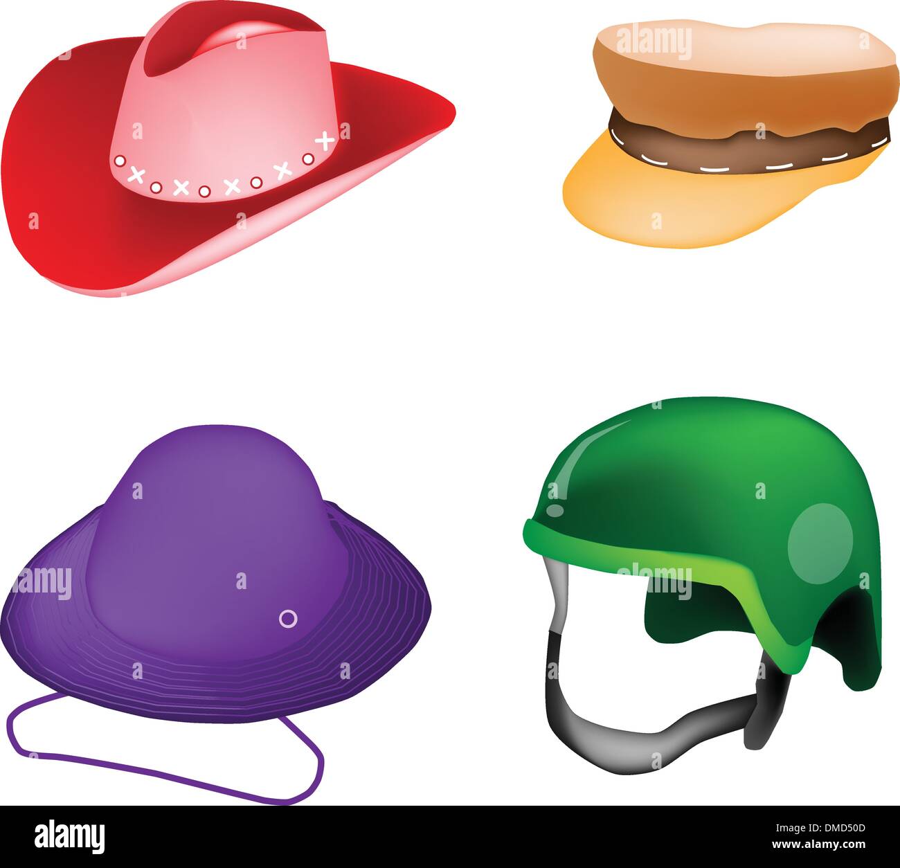 Set di cappelli e casco su sfondo bianco Illustrazione Vettoriale