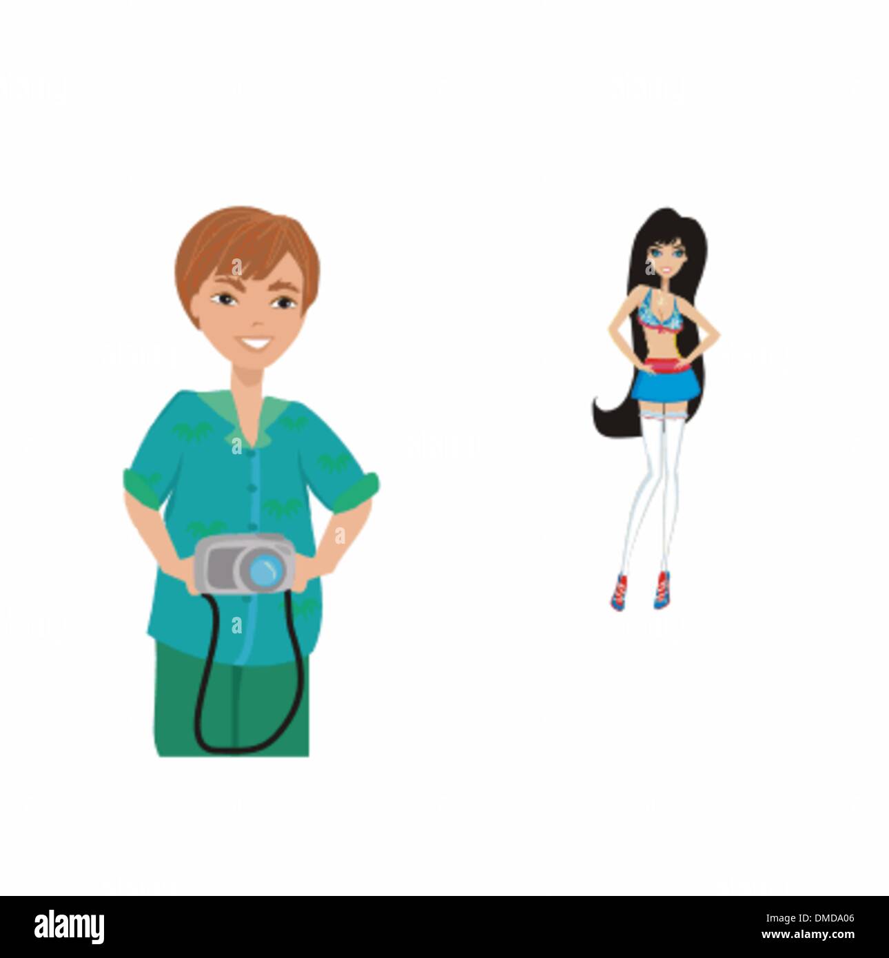 Fotografo a scattare foto su una donna in posa Illustrazione Vettoriale