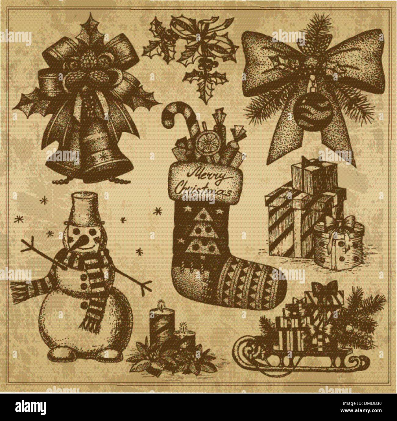 Natale retrò disegni a mano Illustrazione Vettoriale