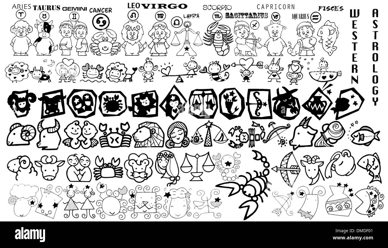 Astrologia occidentale icone cartoon in bianco e nero Illustrazione Vettoriale