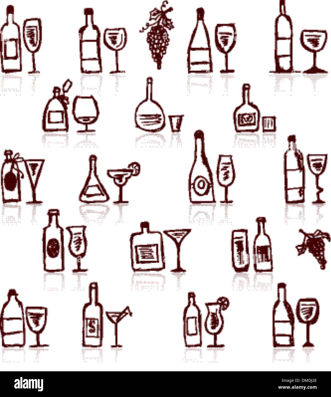 Set di alcol di bottiglie e wineglasses Illustrazione Vettoriale