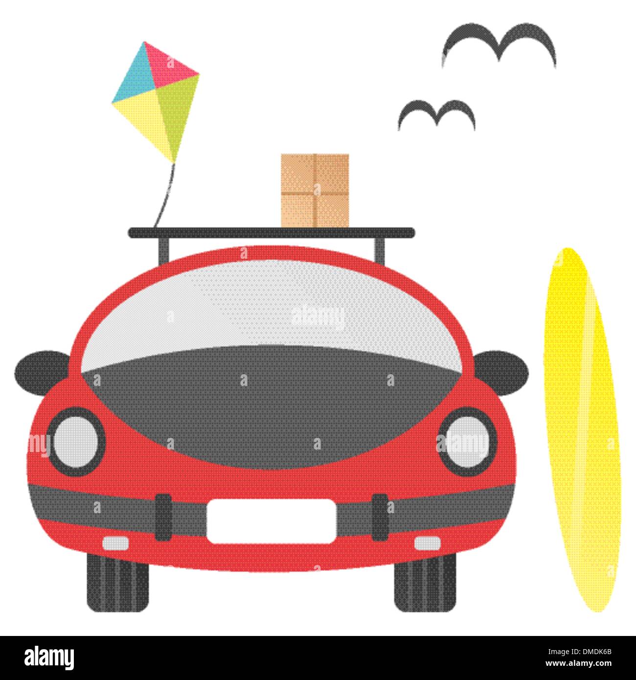 Auto rossa, tavola da surf, kite, flying seagull e nella casella Illustrazione Vettoriale