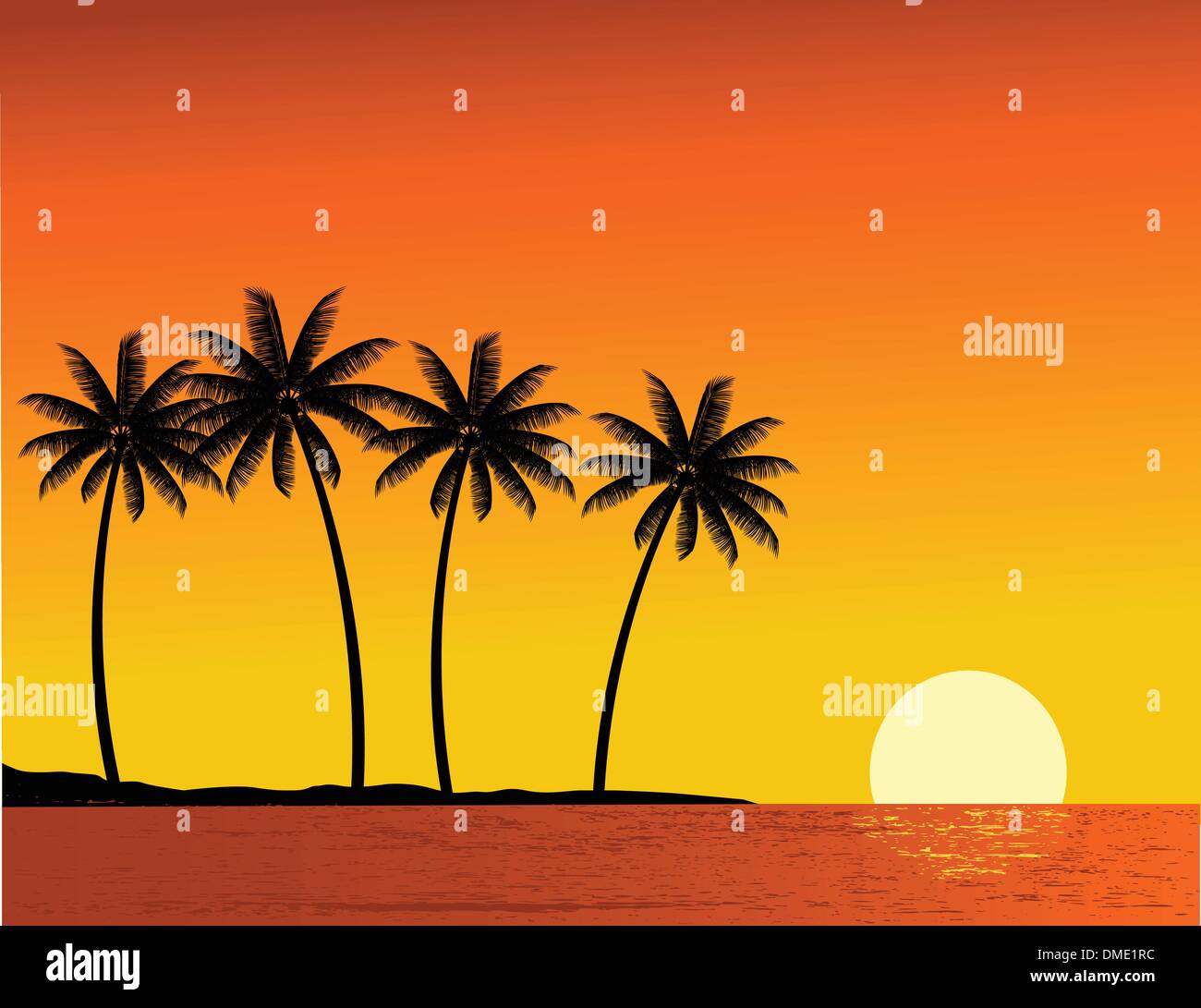 Silhouette di albero e il tramonto in isola tropicale Illustrazione Vettoriale