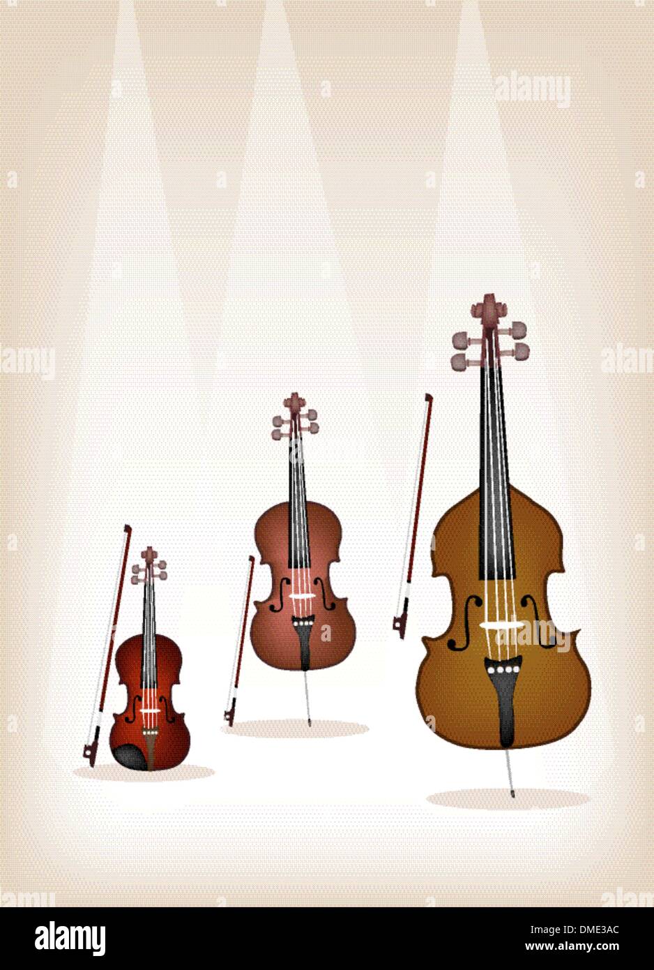 Splendido strumento musicale stringhe su sfondo marrone Illustrazione Vettoriale