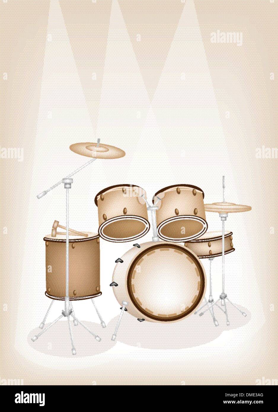 Un bel Drum Kit sulla fase marrone sfondo Illustrazione Vettoriale