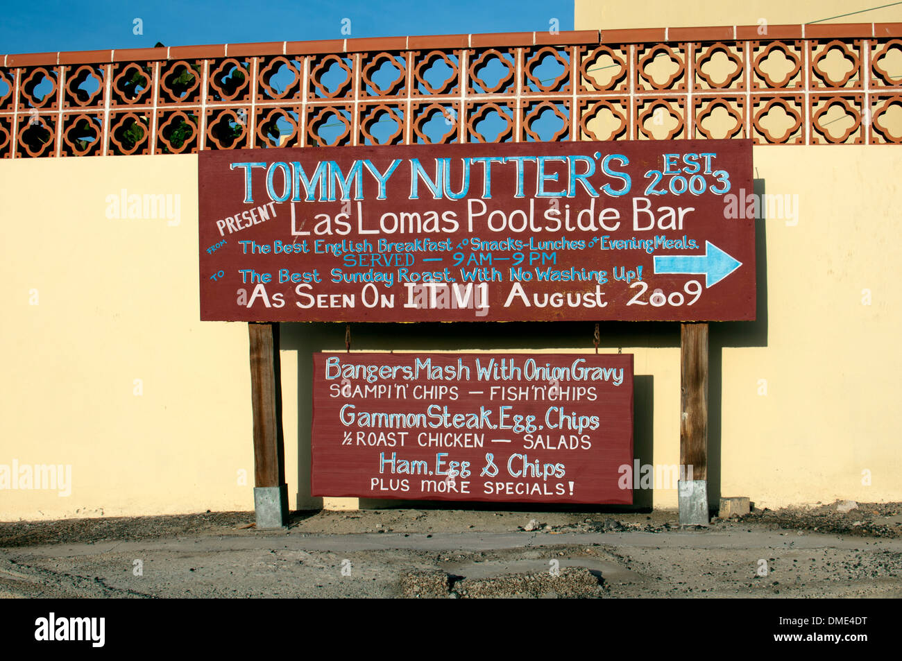 Tommy pazzo's bar segno, Caleta de Fuste, Fuerteventura, Isole Canarie, Spagna. Foto Stock