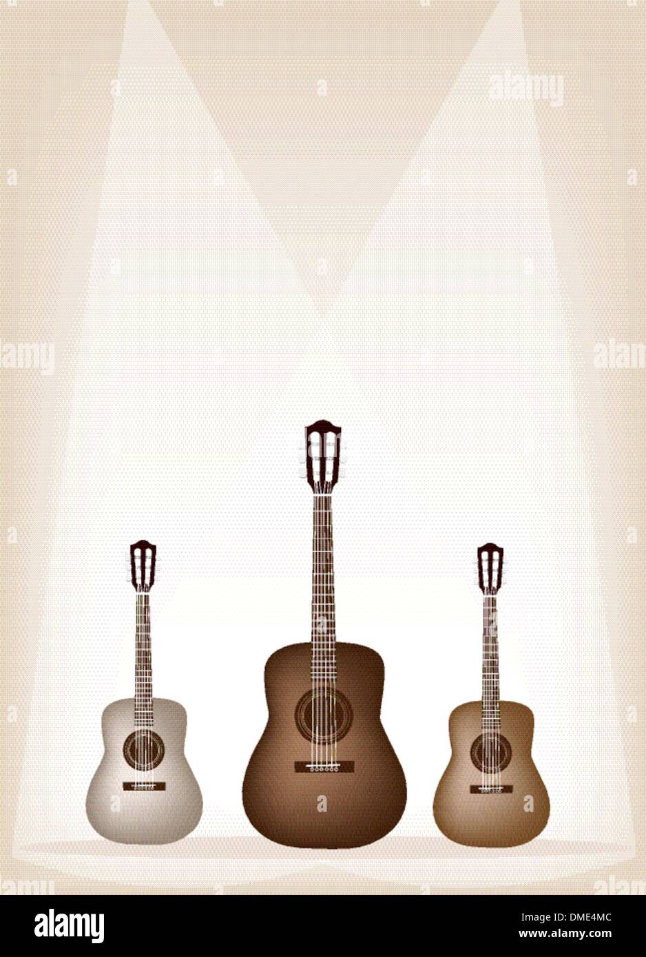 Tre belle chitarra su stadio bruno sullo sfondo Illustrazione Vettoriale