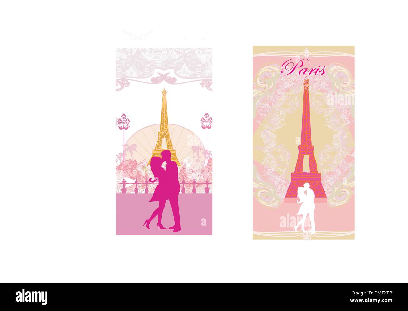 Coppia romantica a Parigi kissing vicino alla Torre Eiffel auto rétro Illustrazione Vettoriale