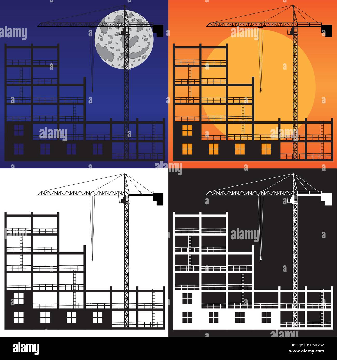 Gru di sollevamento e di edificio in costruzione. Illustrazione Vettoriale